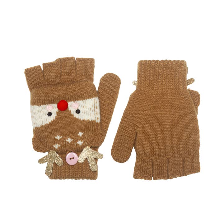 brown reindeer gloves with red nose. these gloves have fingerless option to fold back. 