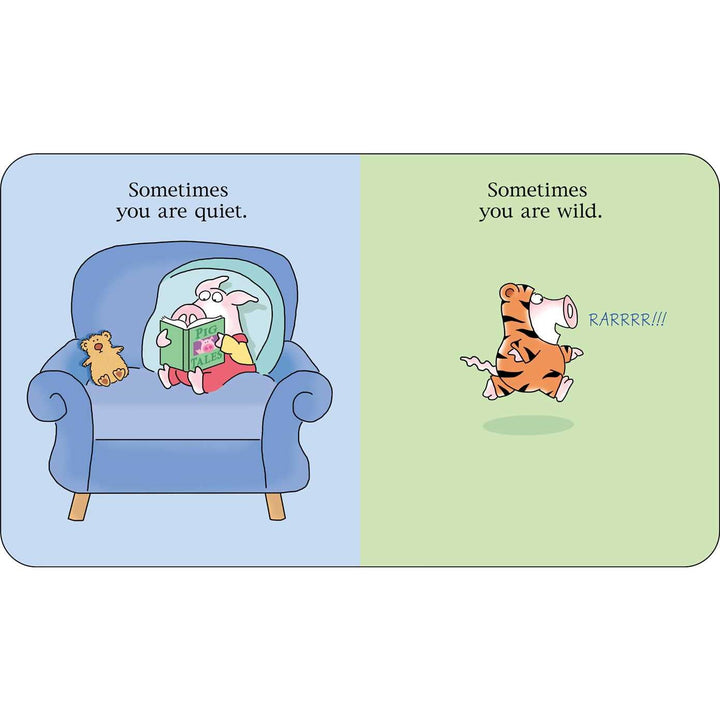 Cartoon scene with a character reading a book and a tiger character reacting with 'RARRRR!!!', on a blue and green background.