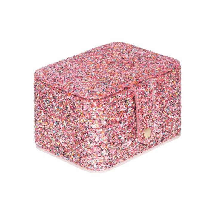 pink glitter jewelry box with snap closure