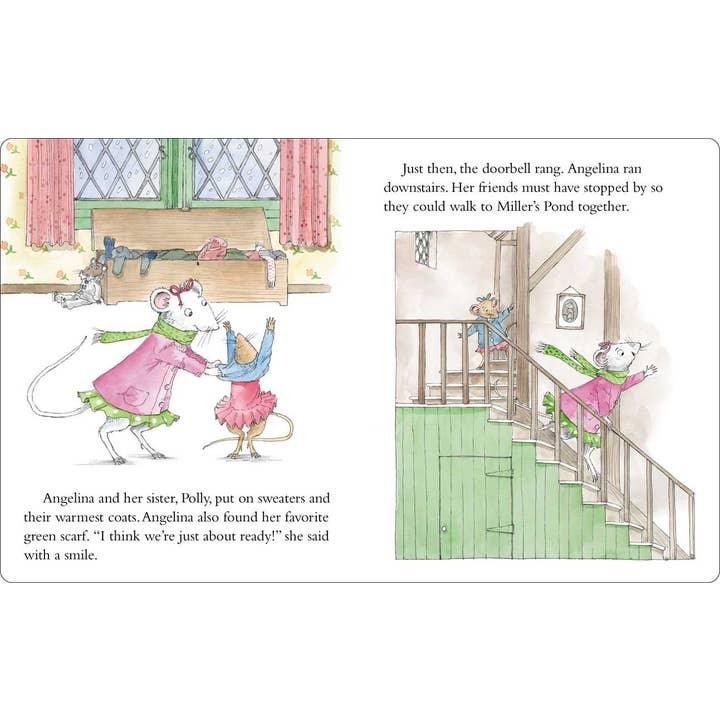 Angelina ballerina getting dressed to go ice skating and racing down the stairs. 