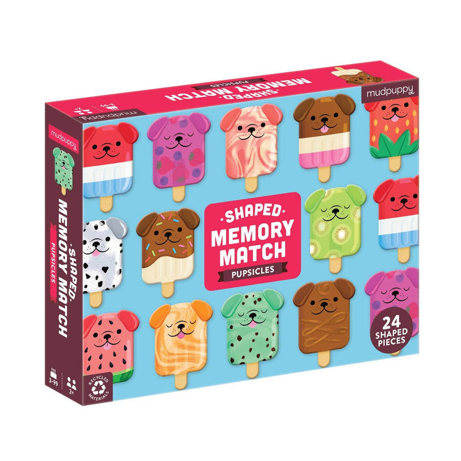 Shaped memory match game packaging with colorful popsicle-shaped pieces on a white background