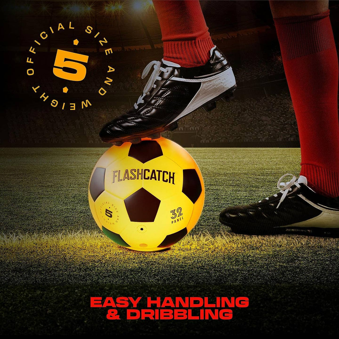 Yellow soccer ball with black patterns being balanced on a foot, with text about size, weight, and features.