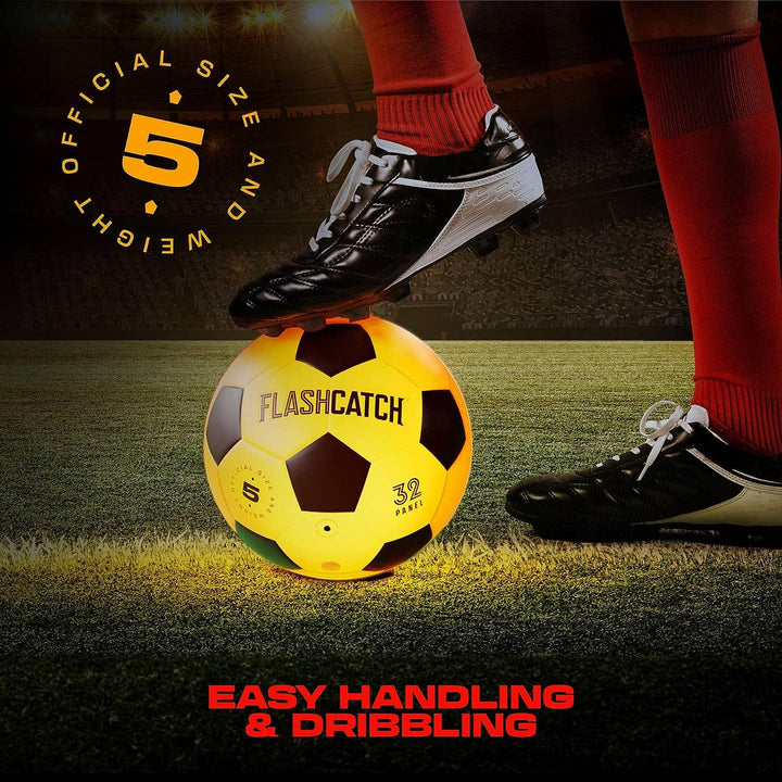 Yellow soccer ball with black patterns being balanced on a foot, with text about size, weight, and features.