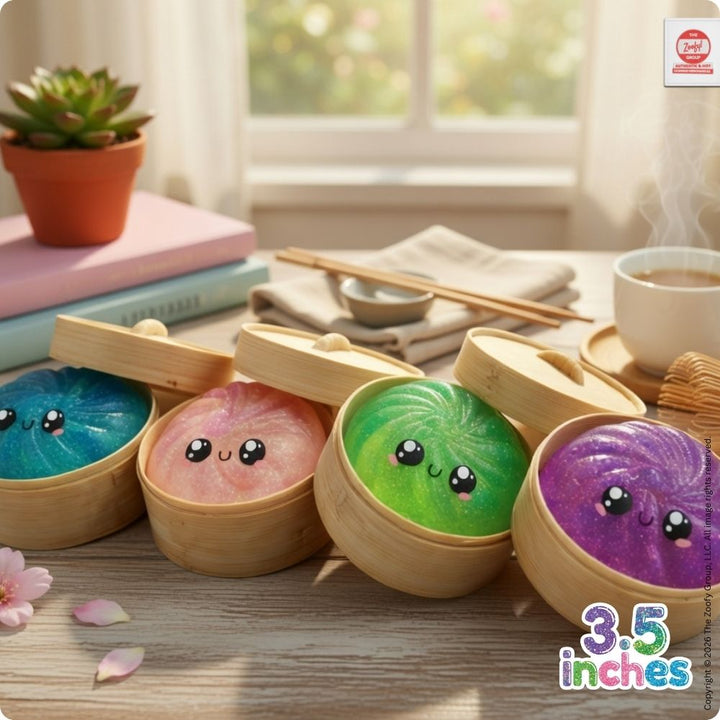 Colorful jelly-like dumplings with faces in a bamboo basket on a wooden table.