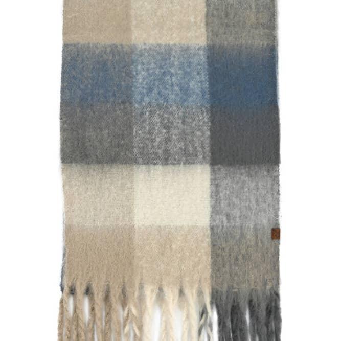 blue checker pattern woven winter scarf in shade of blue and gray