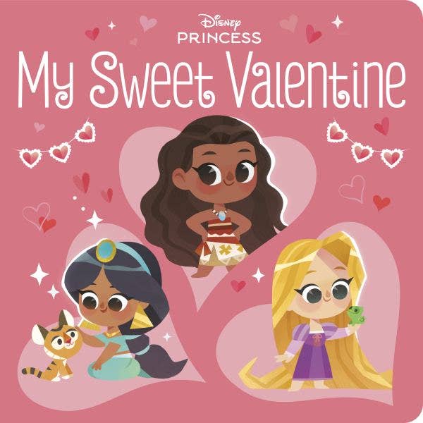 Disney Princess book titled 'My Sweet Valentine' with cartoon princesses on a pink background.
