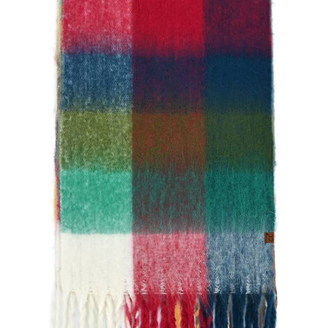 checkered woven scarf in red, green, ivory and blue 