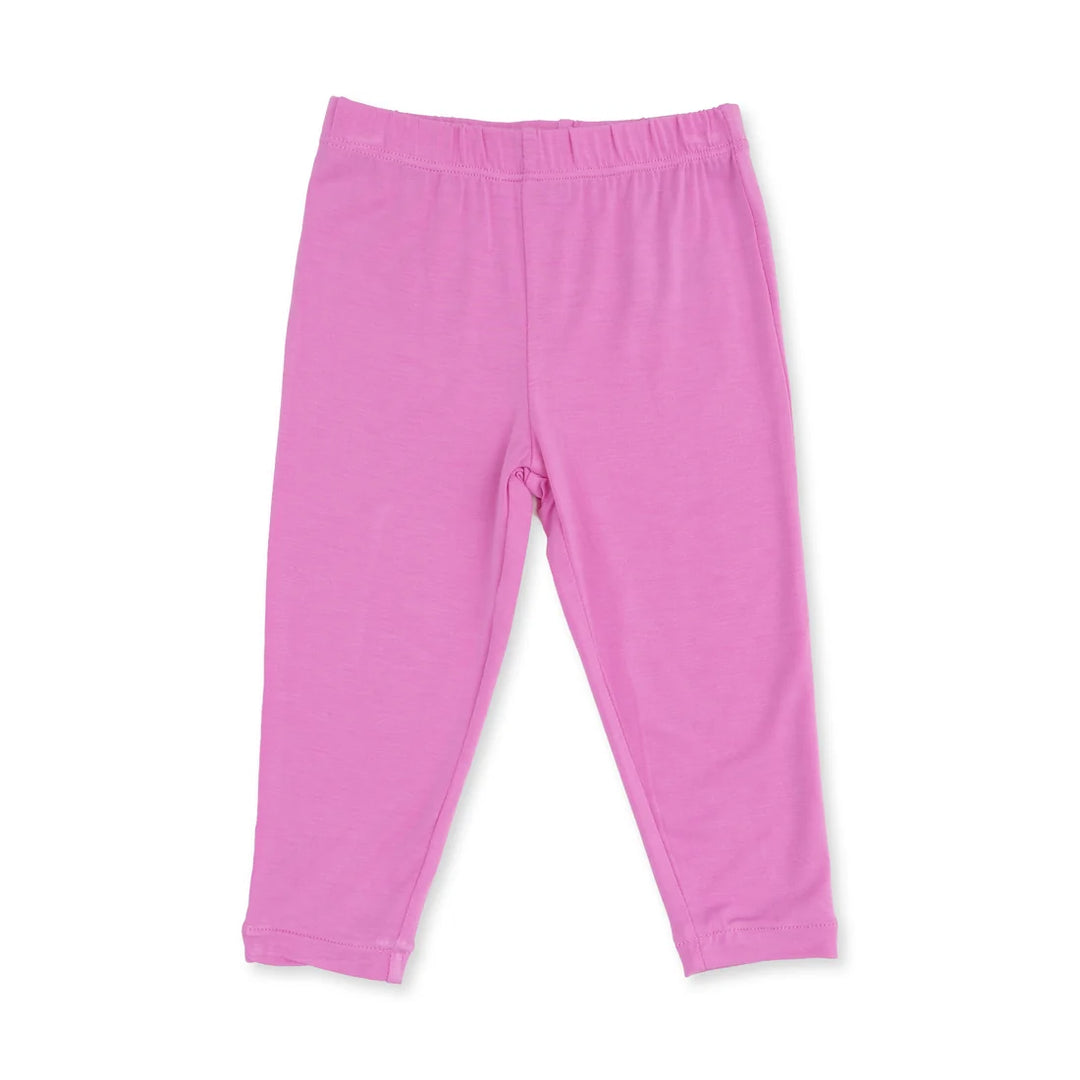 A pair of bright pink toddler leggings with an elastic waistband, laid flat on a white background.