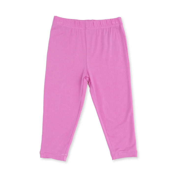 A pair of bright pink toddler leggings with an elastic waistband, laid flat on a white background.