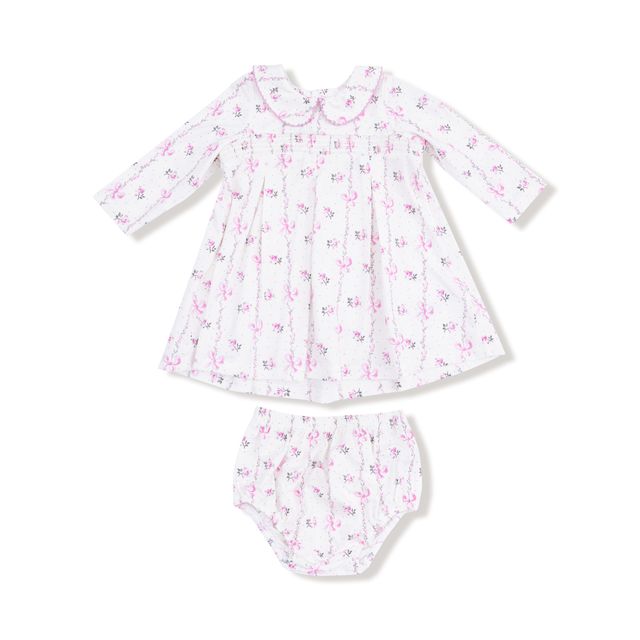 Baby dress and bloomers set with pink and lavender floral pattern on a white background