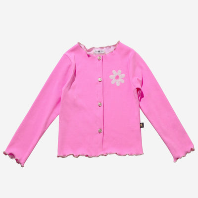 hot pink cardigan in a lightweight cotton buttons down the center with a white daisy applique. 