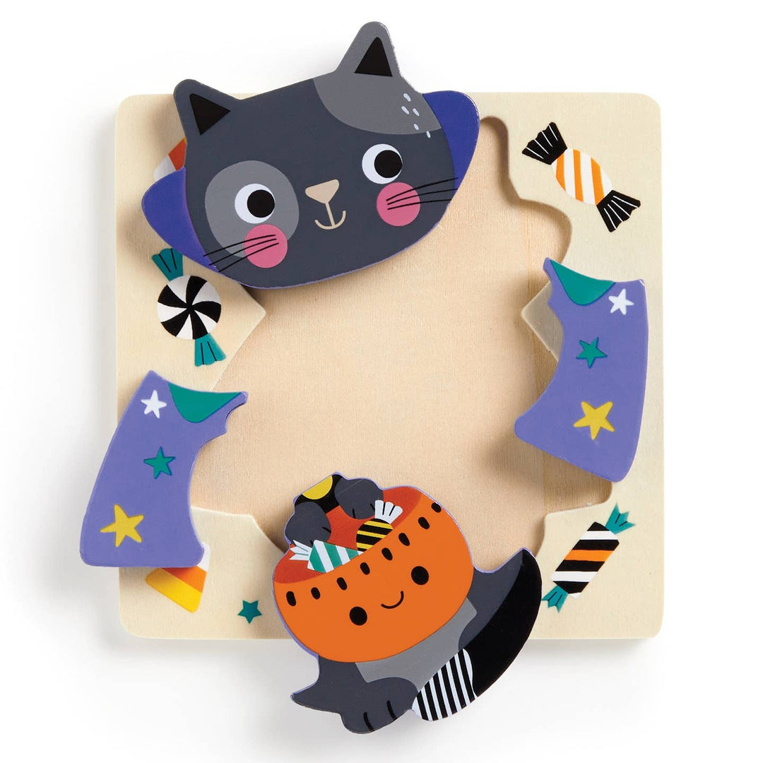 Wooden toy with a cat design on a beige background