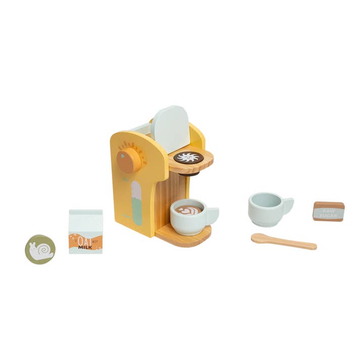 play wooden coffee set with 2 cups, milk, spoon and pretend k-cups