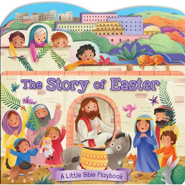 board book titled "The story of  Easter" with an animated scene of Jesus Christ talking to other people telling stories. 