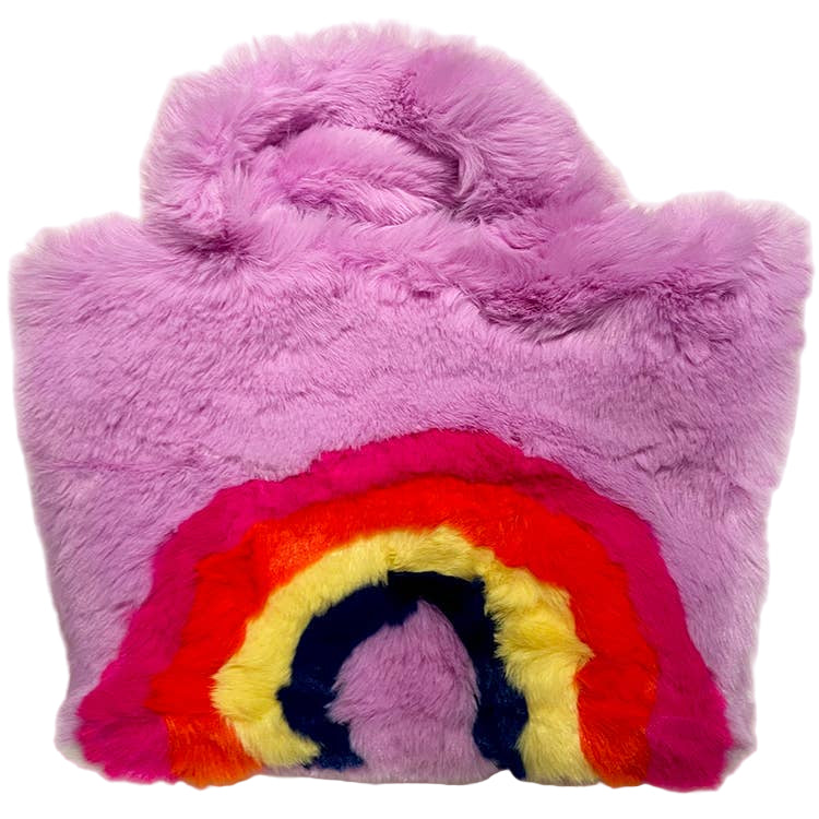 Purple fluffy handbag with a rainbow design on a white background