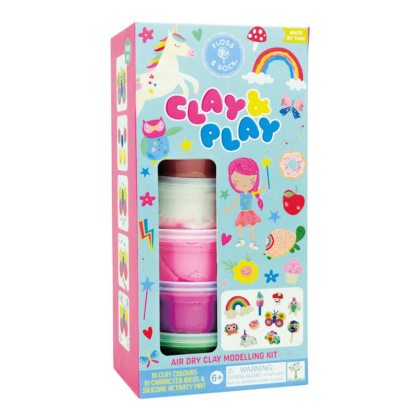Clay & Play air dry clay modelling kit packaging with colorful design on a white background