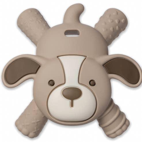 puppy teether not attached to packaging. brown/gray color with cute little face and textured arms and legs. 