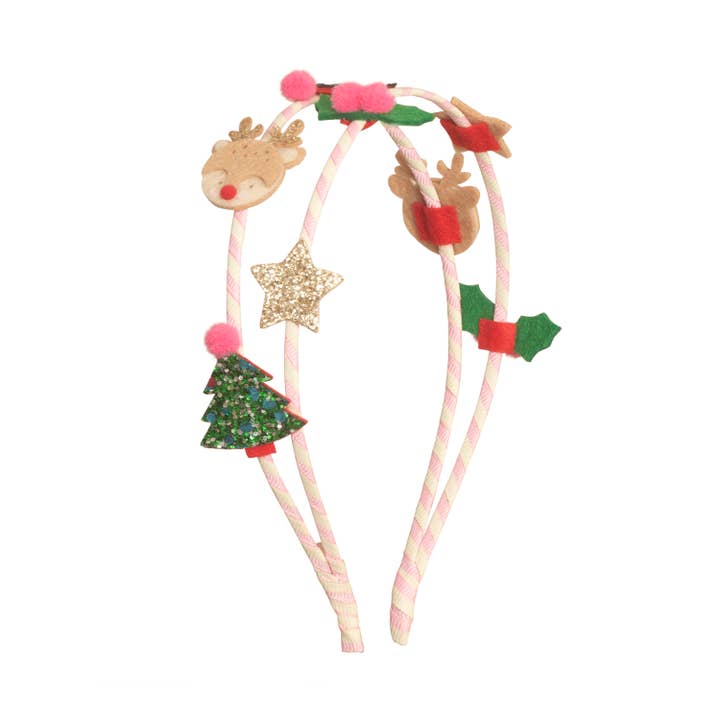 kids double headband, pink and white stripe headband with felt charachters attached: reindeer, star and tree