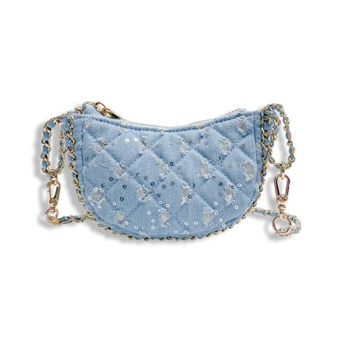 Denim handbag with quilted patterns and gold chain strap on a white background