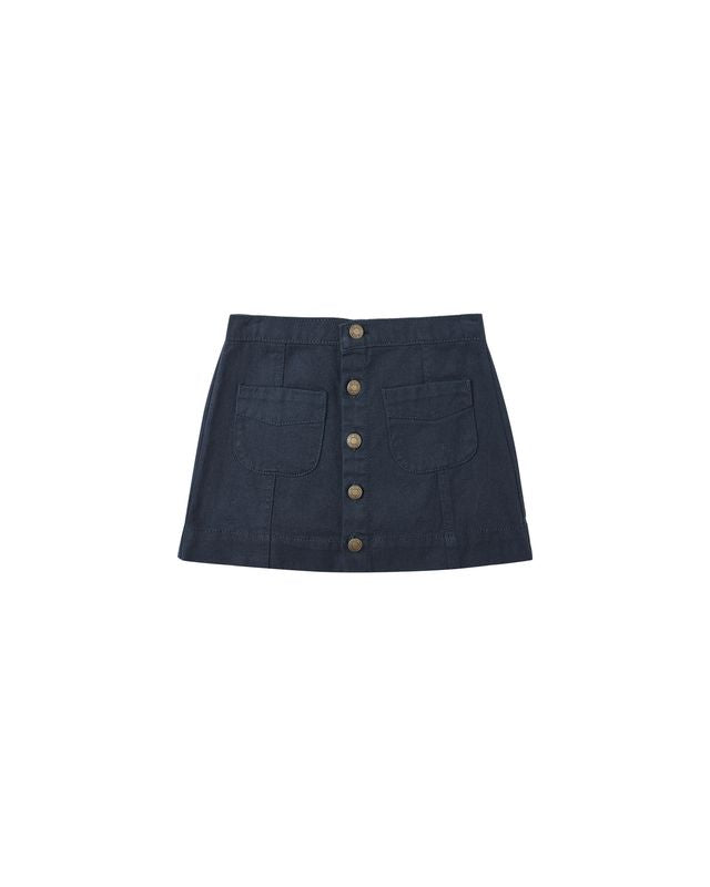 Navy denim skirt with button details on a white background