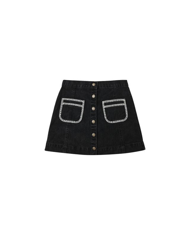 Black denim skirt with white stitching on a white background