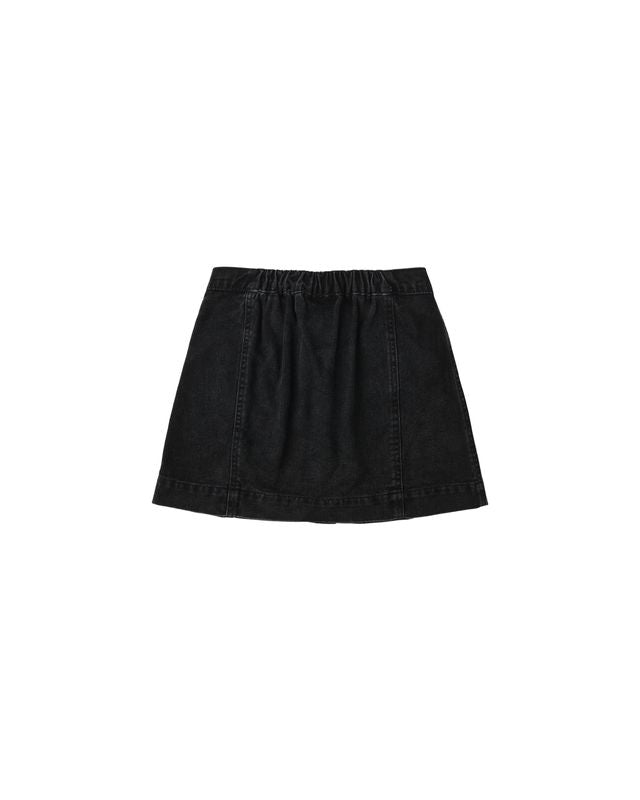 Black denim skirt on a white background