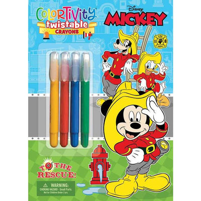 Coloring Activity with a Mickey, Goofy and Donald Duck theme. Mickey and friends are all dressed as Fire rescue on the cover