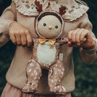 babydoll dressed as a reindeer with yellow bowtie