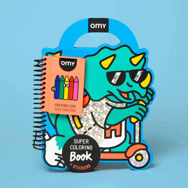 coloring pad shaped like dinosaur riding a scooter with a pack of crayons