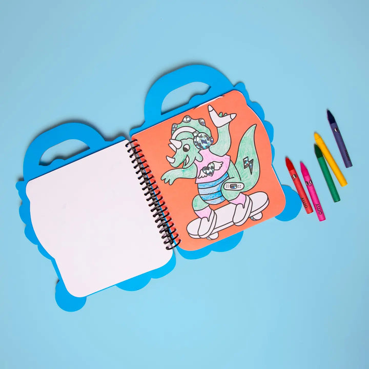 inside pages of the coloring pad, a dino on a scooter colored in with crayons. 