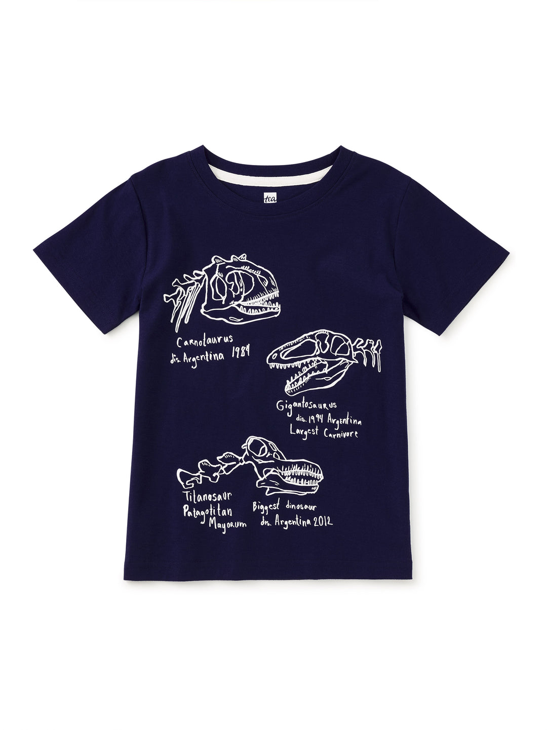 navy tee with dinosur skulls sketched with their discovery dates and locations. 