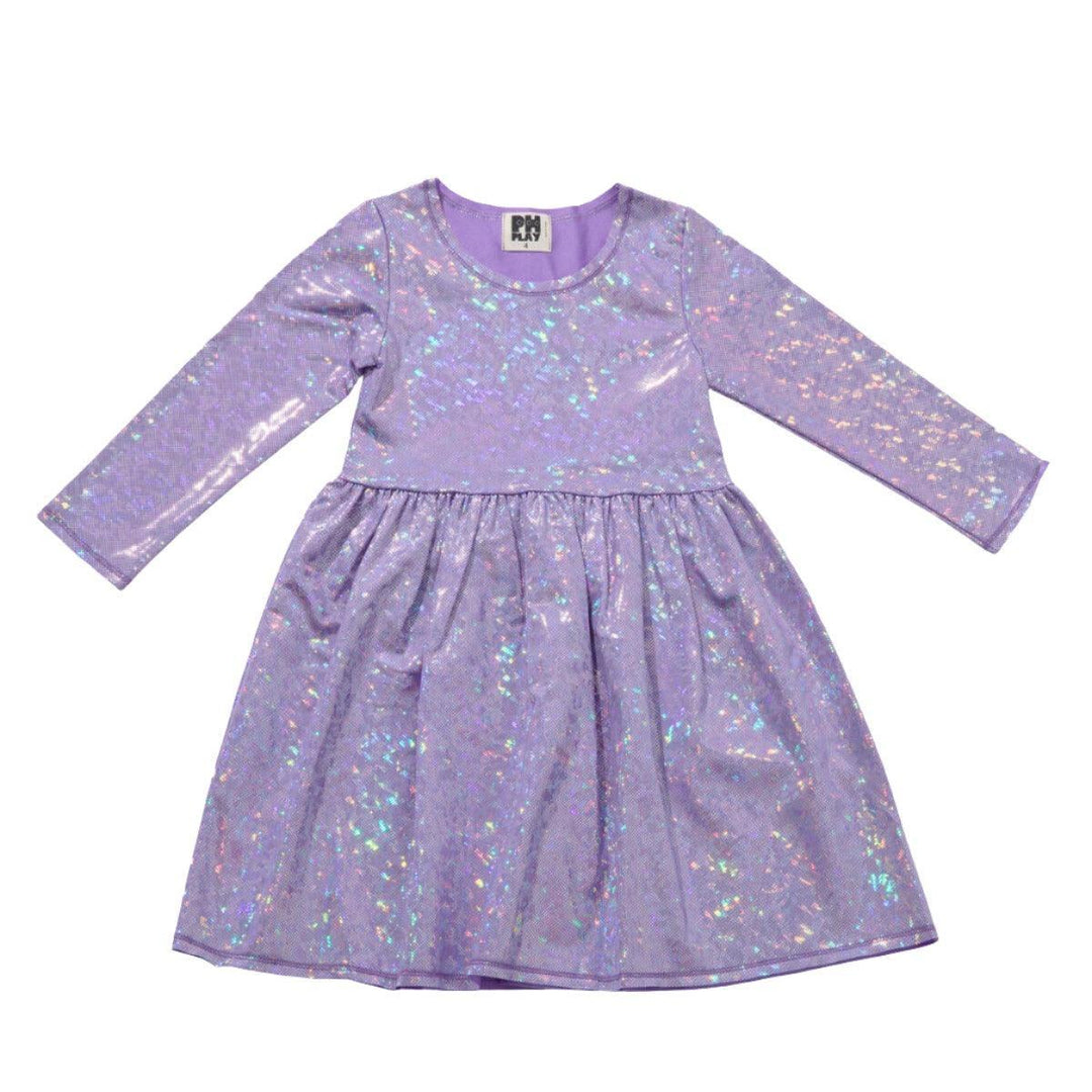 lavender long sleeve dress with iridescent parts of it that will appear like a disco ball 
