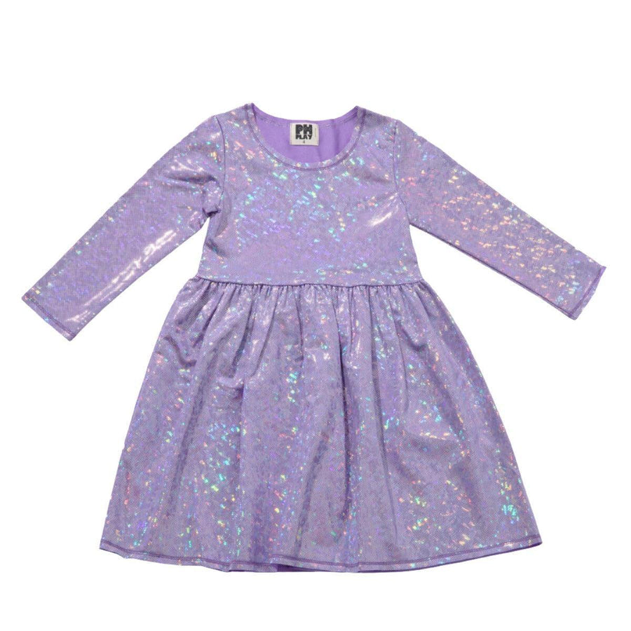 lavender long sleeve dress with iridescent parts of it that will appear like a disco ball 