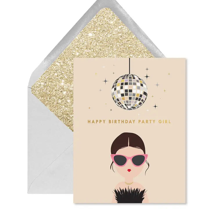 Birthday Card with girl on the front with pink sunglass and a disco ball - it reads Happy Birthday Party Girl 