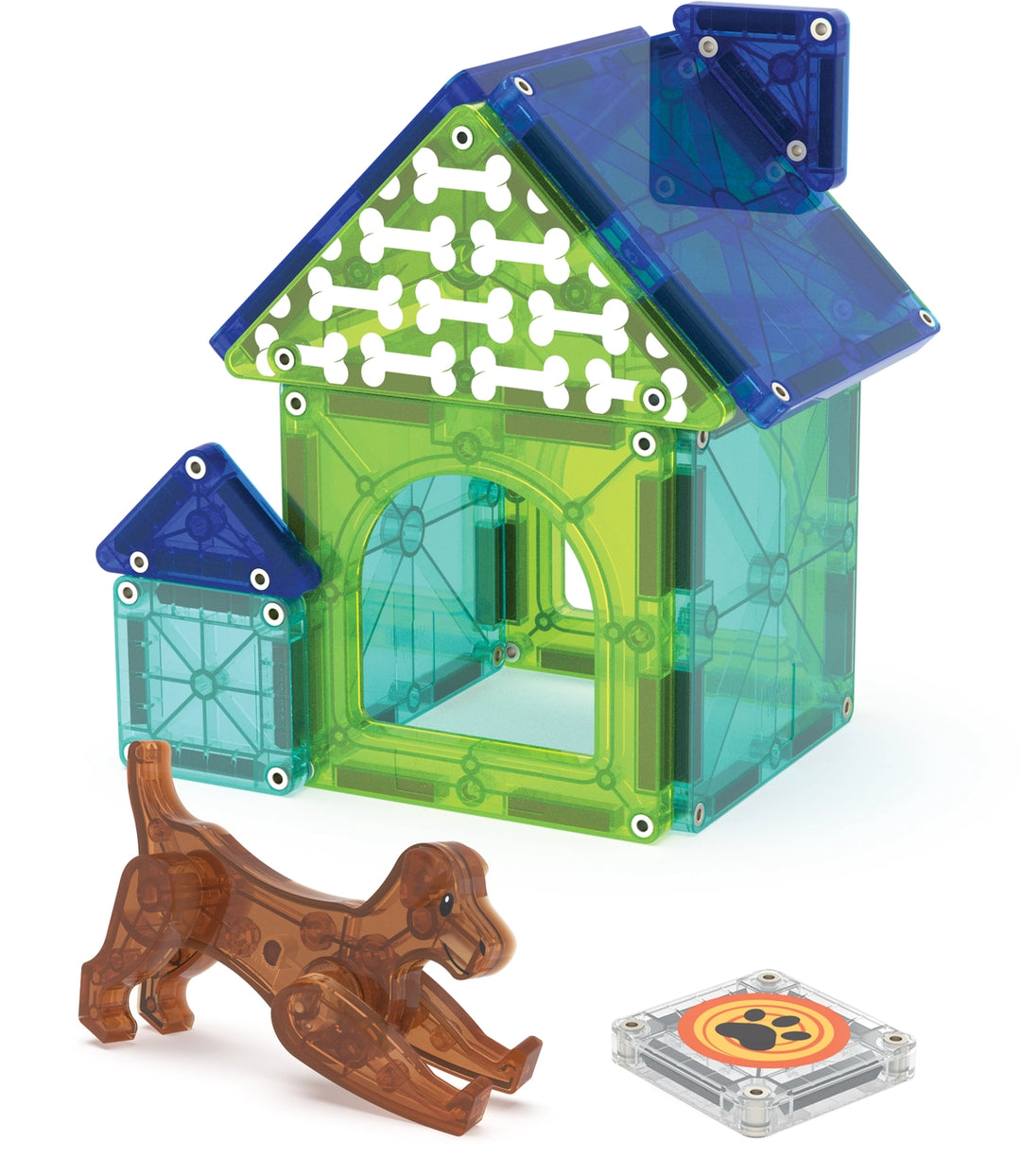 Toy building set with a doghouse and dinosaur figure on a white background