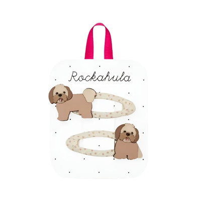 a little brown dog on a polka dot snap clip. set of 2 clips