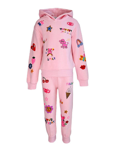 girls 2 piece set, pink hoodie and pink joggers. there is an all over doodle print 