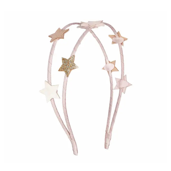 girls headband, double thin band, the bands have small pink metallic stars on them. 