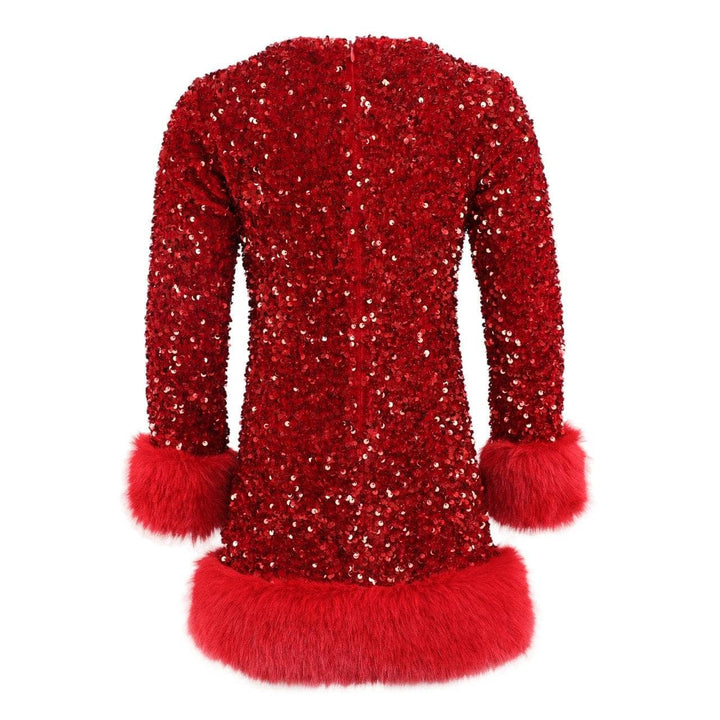 Red sequin dress with fur trim on a white background