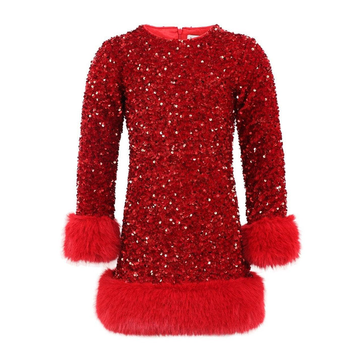 Red sequin dress with fur cuffs on a white background