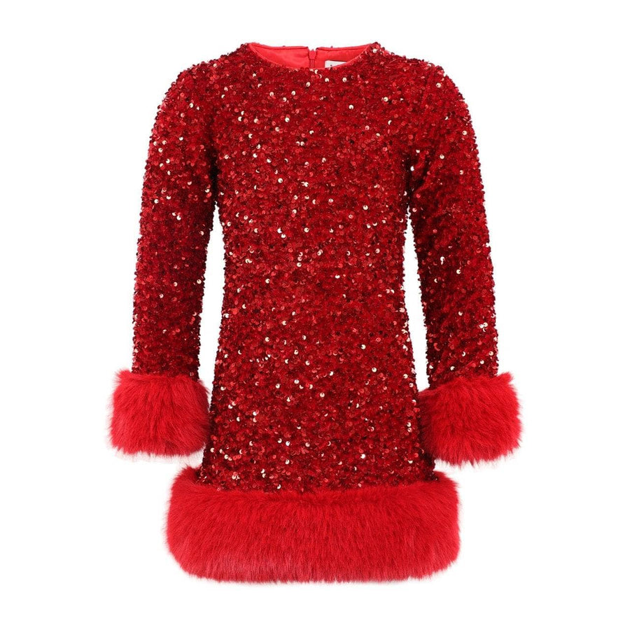 Red sequin dress with fur cuffs on a white background