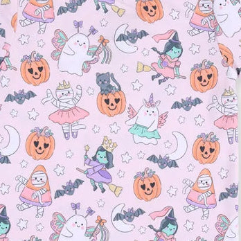 A long-sleeve children's pajama top in light pink with a colorful Halloween-themed cartoon print of pumpkins, ghosts, witches, and bats, featuring solid purple cuffs.
