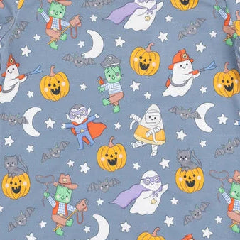 A long-sleeve baby t-shirt in dusty blue, featuring an all-over Halloween print with pumpkins, ghosts, moons, and stars.