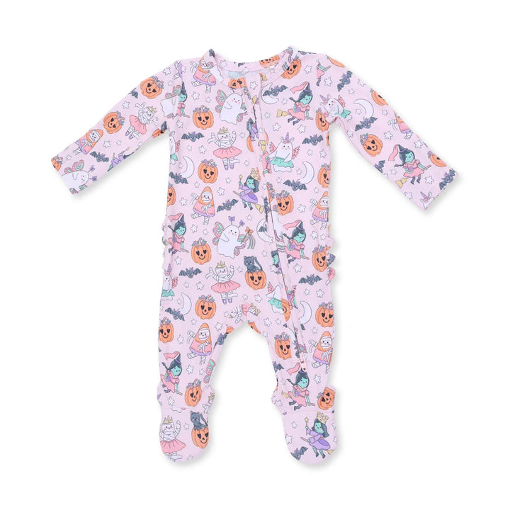 A baby long-sleeve footed sleeper in light pink with a colorful Halloween print of pumpkins, ghosts, witches, and moons, shown flat on a white background.
