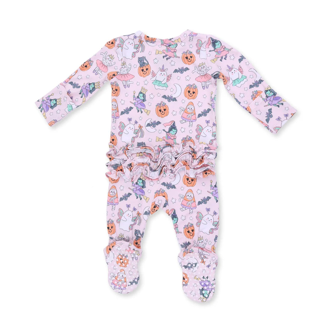 A baby long-sleeve footed sleeper in light pink with a colorful Halloween print of pumpkins, ghosts, bats, and witches, featuring a ruffled waistband.