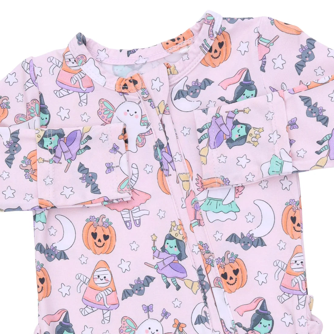 A light pink baby long-sleeve romper with a colorful Halloween-themed print featuring pumpkins, witches, ghosts, bats, and stars.