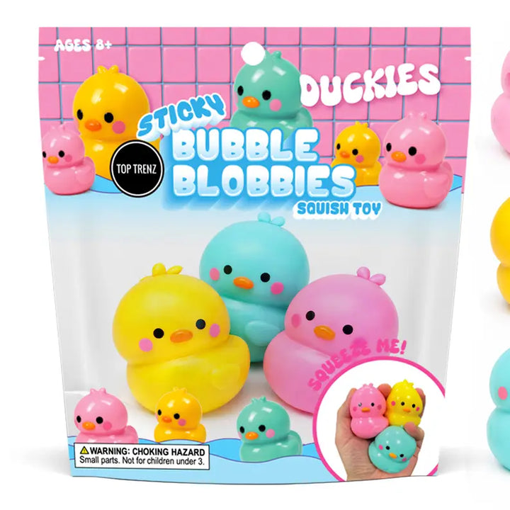 Top Trendz Sticky Duckies Bubble Blobbies Squish Toy in its retail packaging, featuring a pack of colorful squishy duck toys including yellow, pink, and teal.