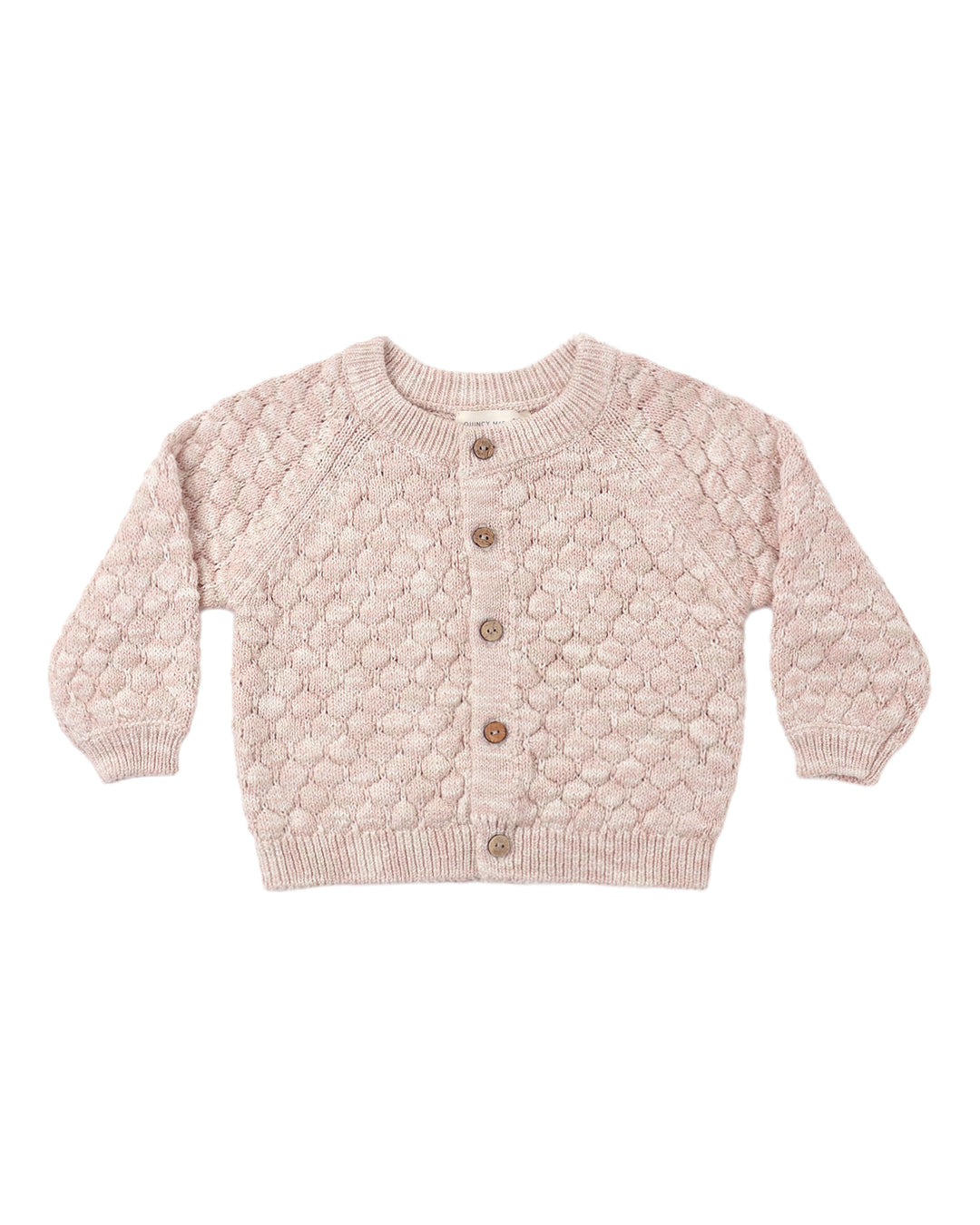 A light pink knit cardigan sweater for toddlers, featuring a textured diamond pattern, button-up front, and ribbed collar, cuffs, and hem.