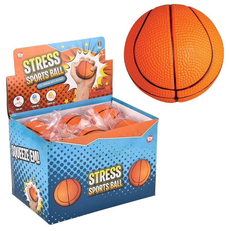 Box of stress sports balls with a basketball on a white background