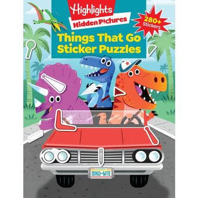 Things that go sticker puzzles brought to you by Highlights- dinosaurs in a car on the cover